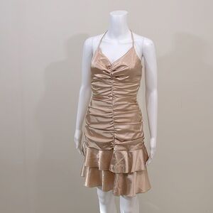 Juniors Ruffled Metallic Gold Halter Party Dress